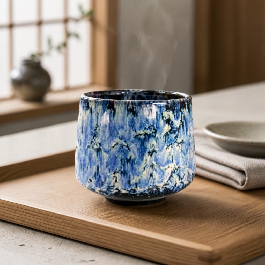 Blue and white ceramic cup on a wooden tray with a blurred background
