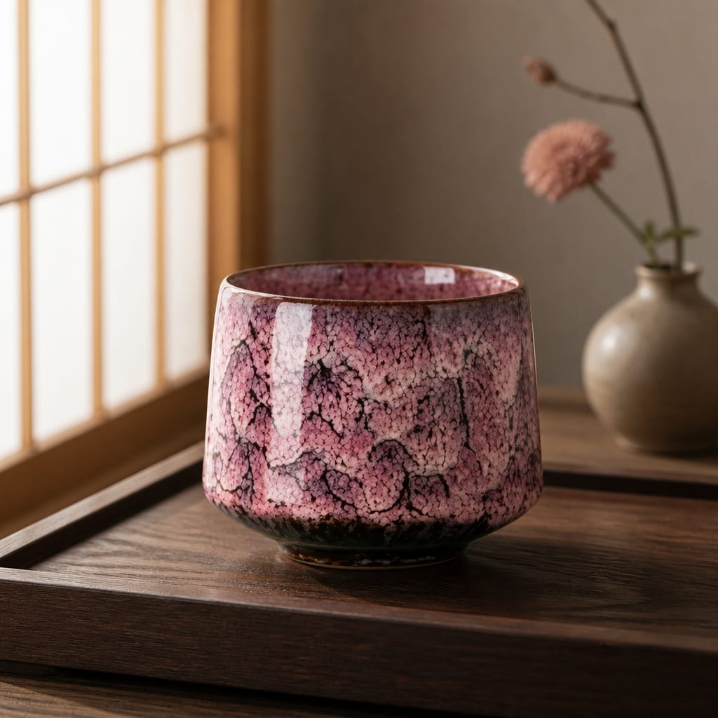 Pink ceramic cup on a wooden surface with a blurred background