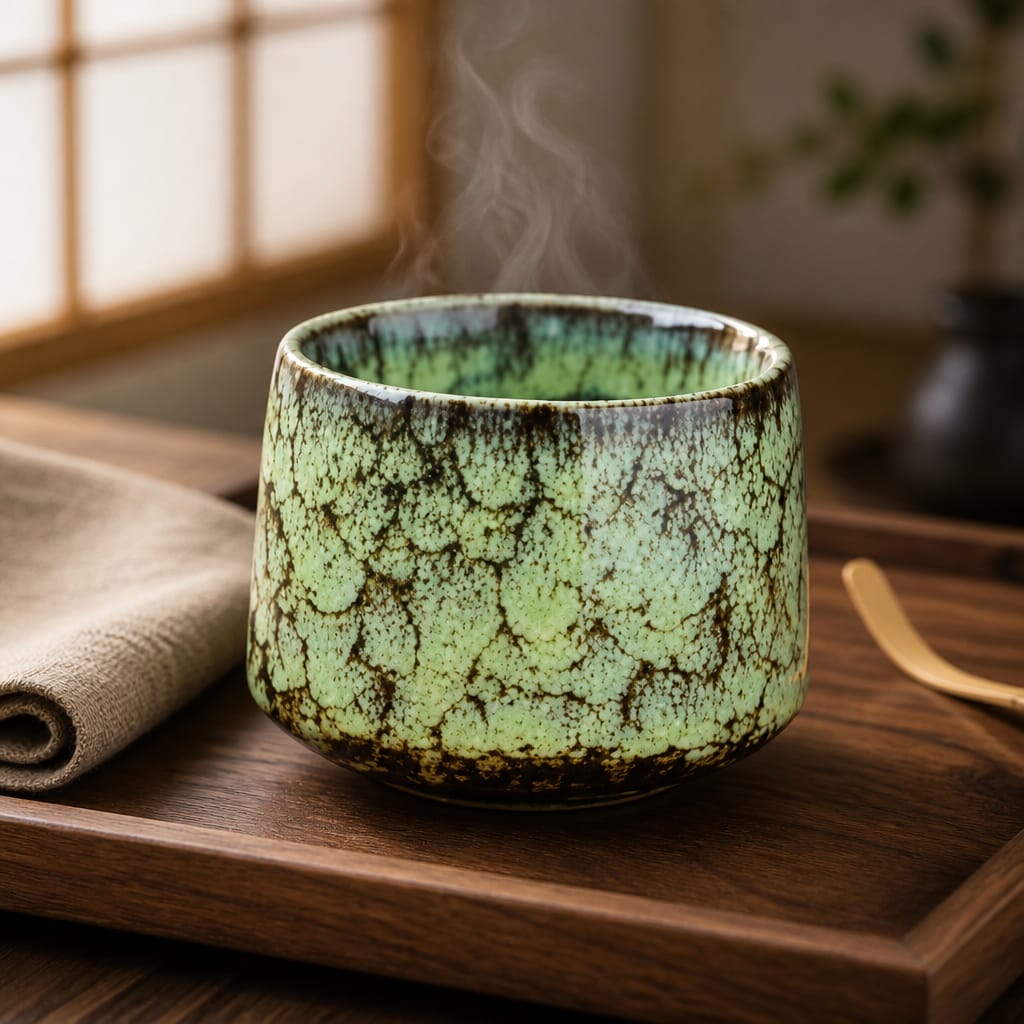 Green ceramic tea cup on a wooden tray with steam rising, set against a blurred indoor background.