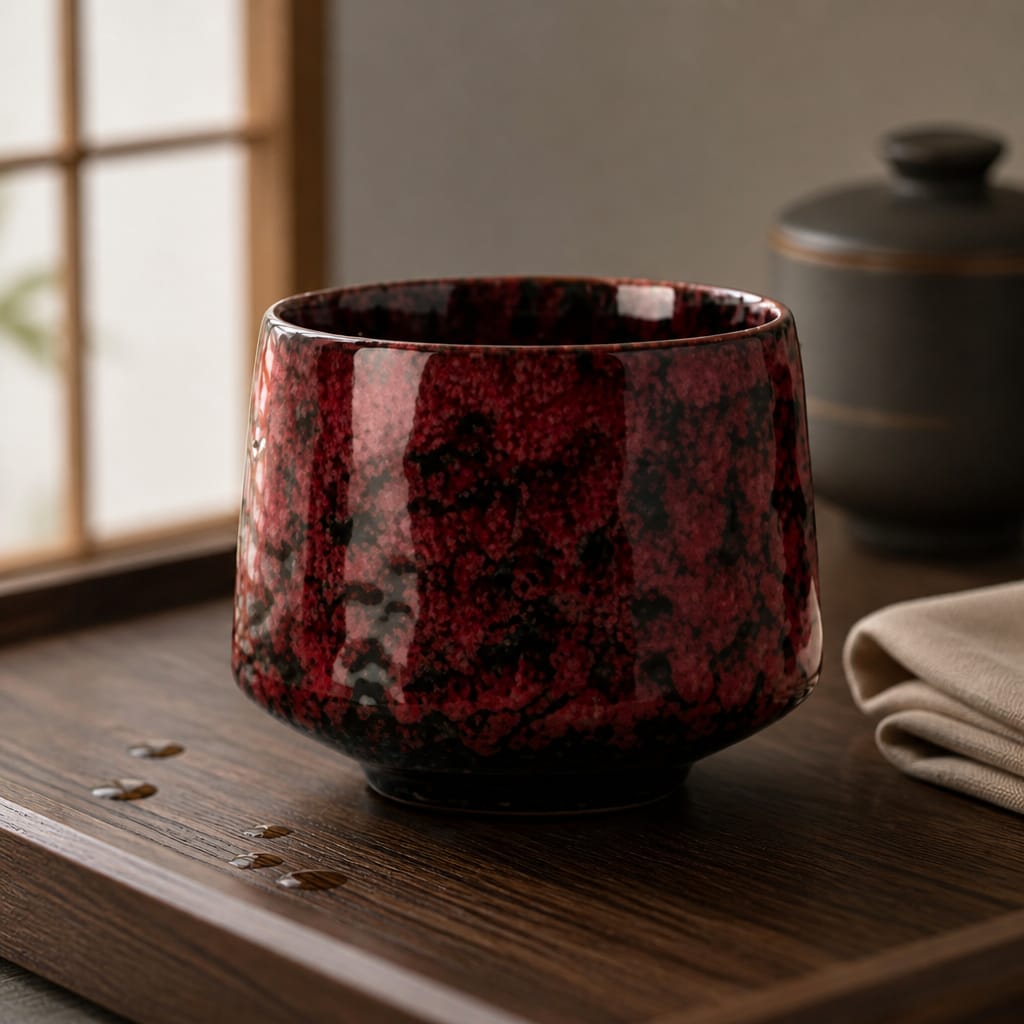 Red ceramic cup on a wooden surface with a blurred background