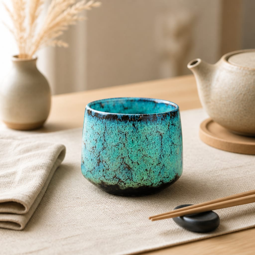 Turquoise ceramic cup on a table with a teapot and chopsticks in the background