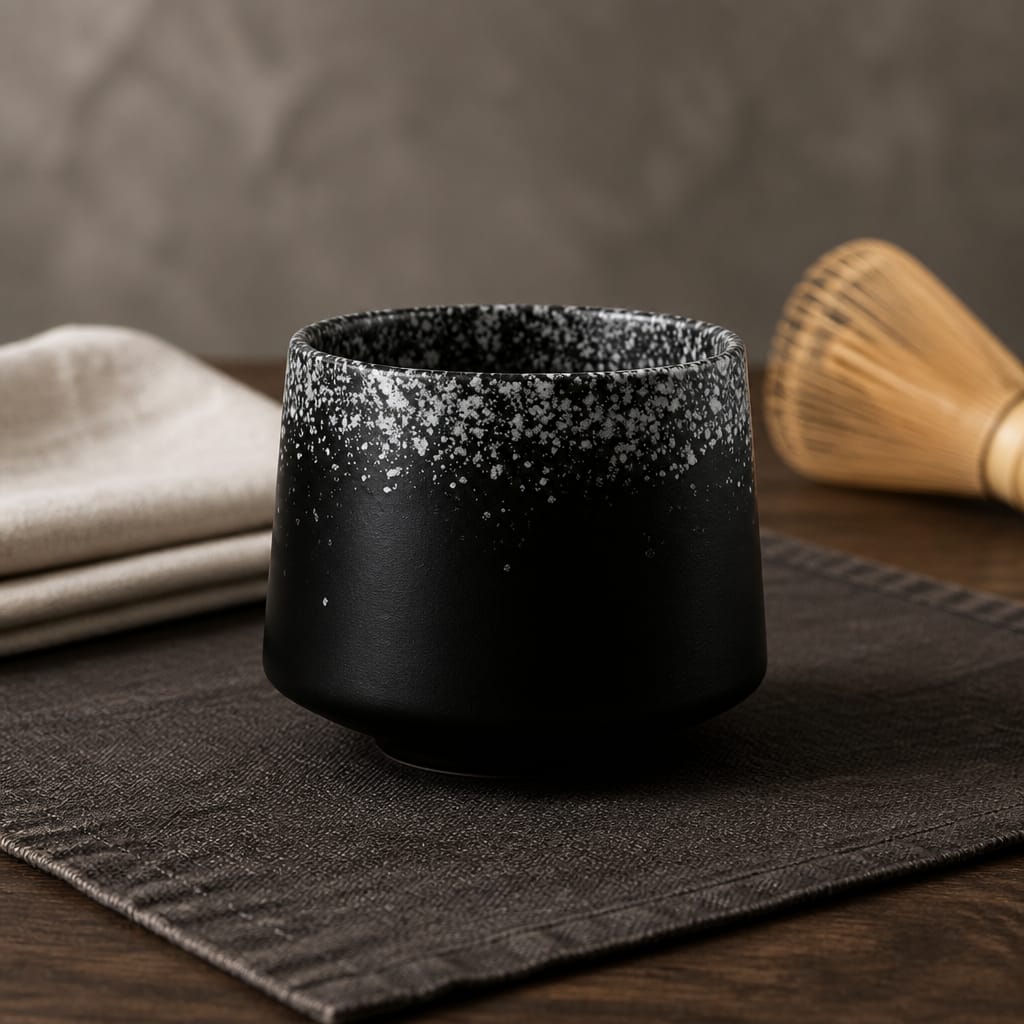 Black ceramic cup with speckled texture on a dark surface with a blurred background