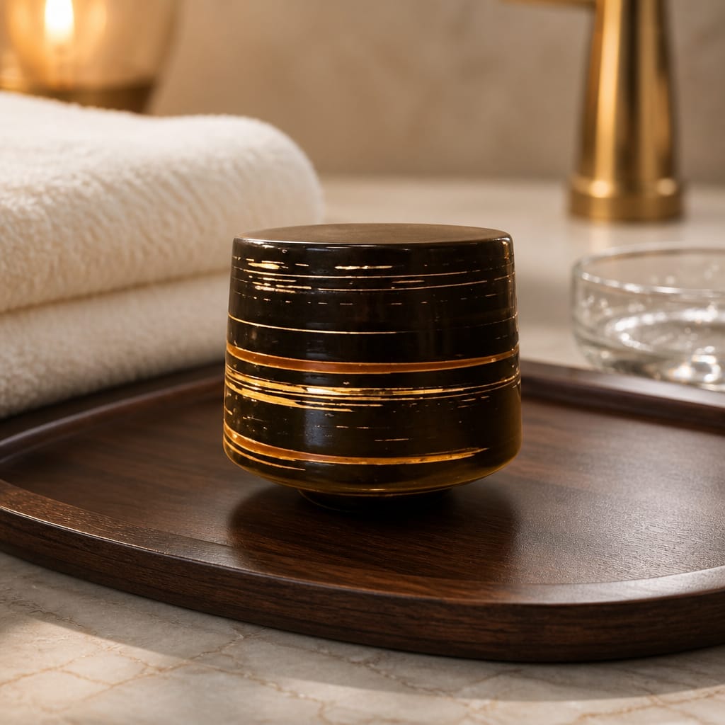 Decorative black and gold cylindrical object on a wooden tray with a blurred background