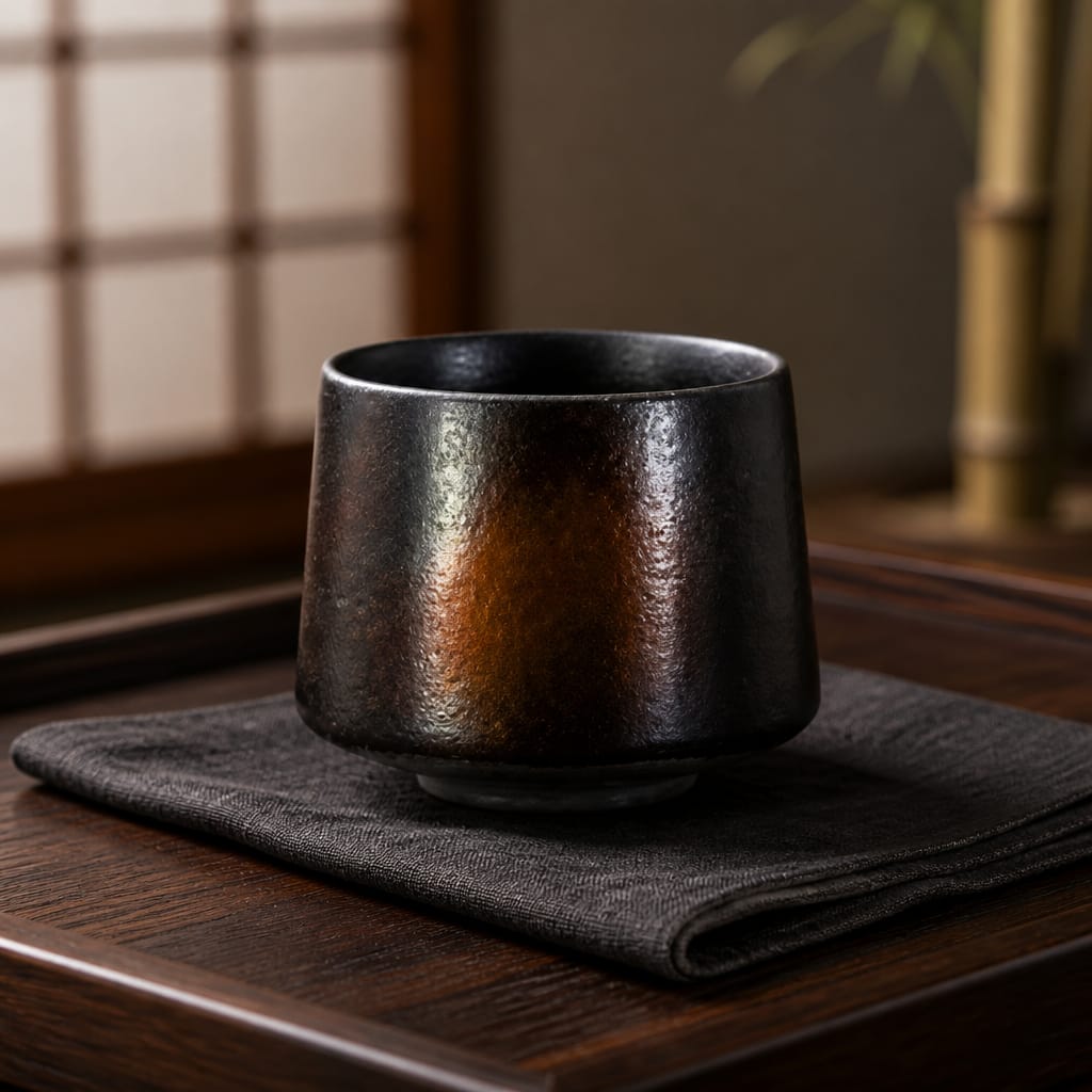 Black ceramic cup on a dark napkin with a blurred background
