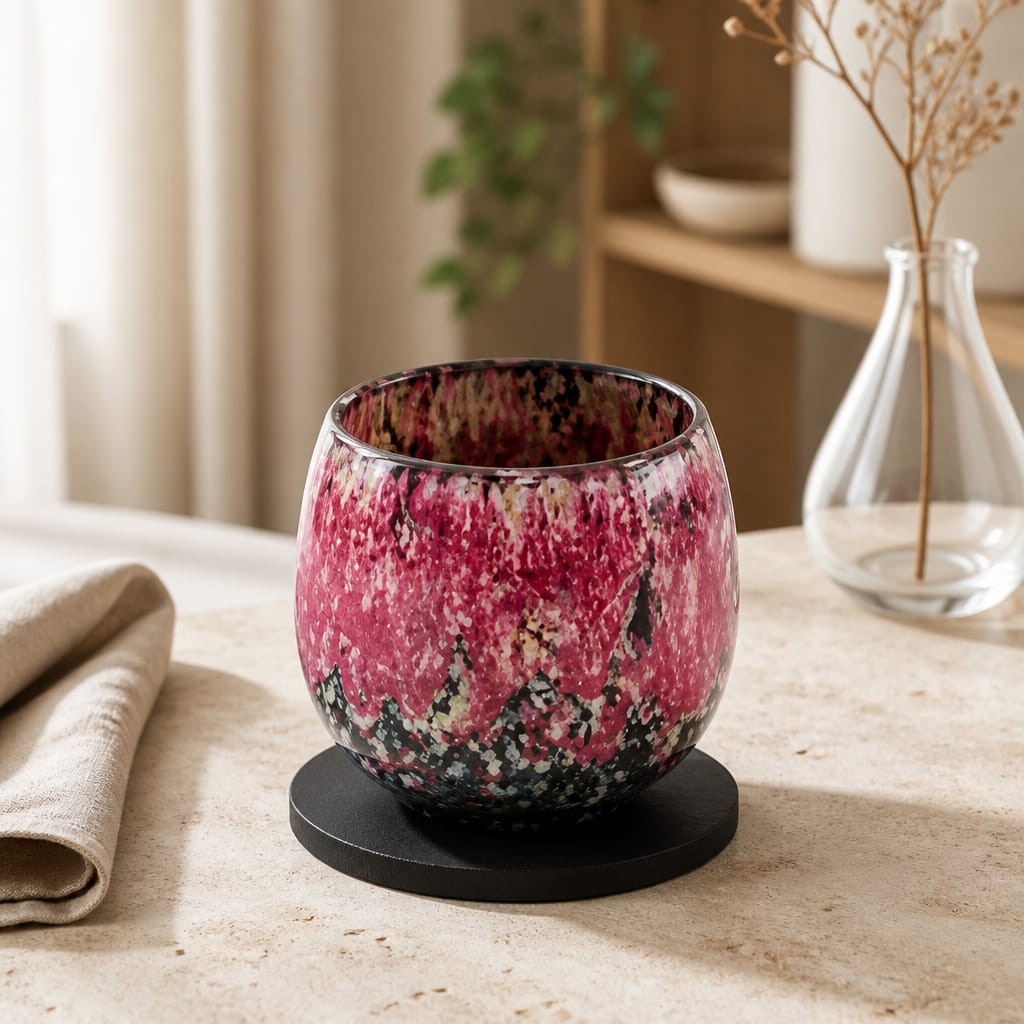 Decorative pink and black speckled vase on a table with a blurred background