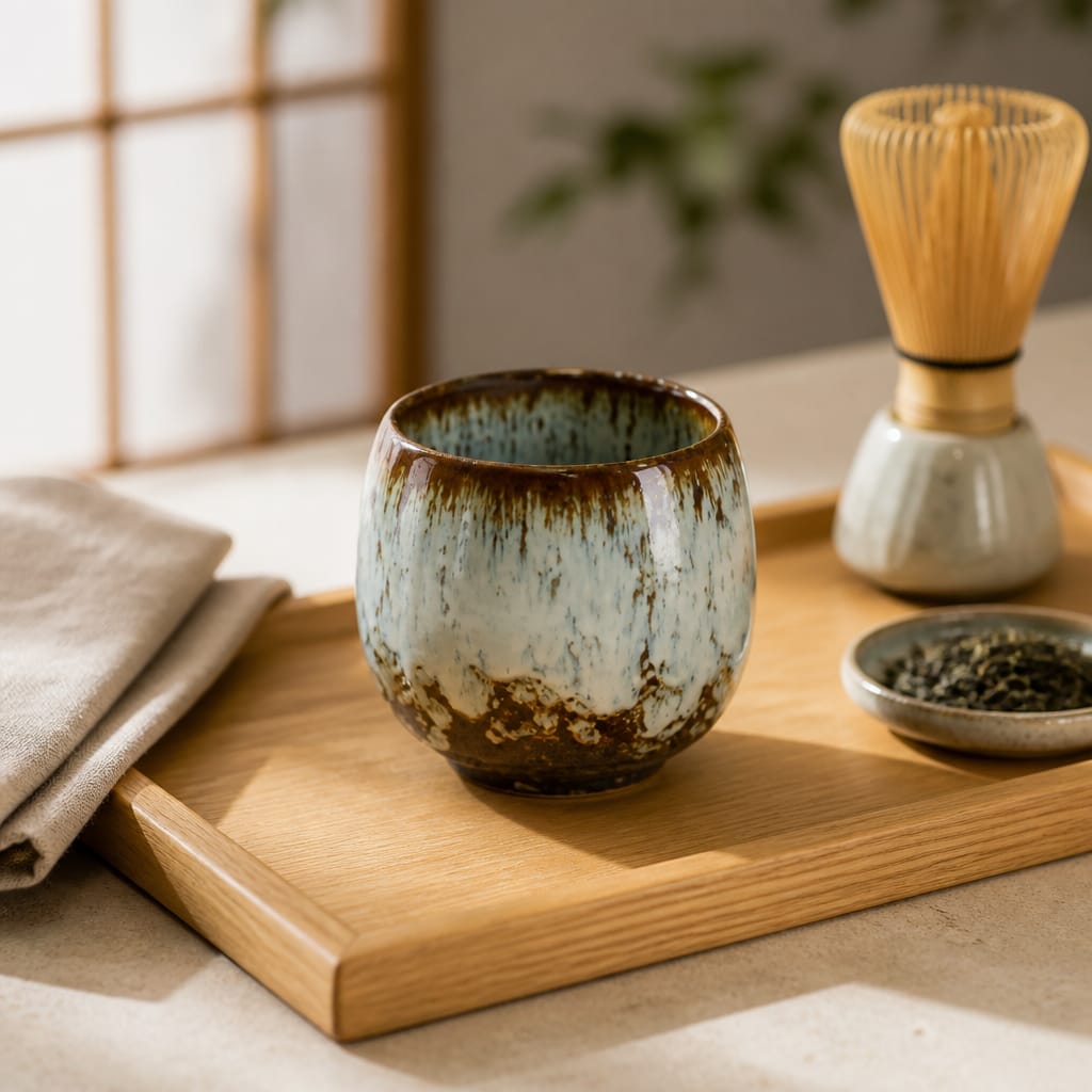 Ceramic tea cup with wooden tray and tea-making tools on a neutral background