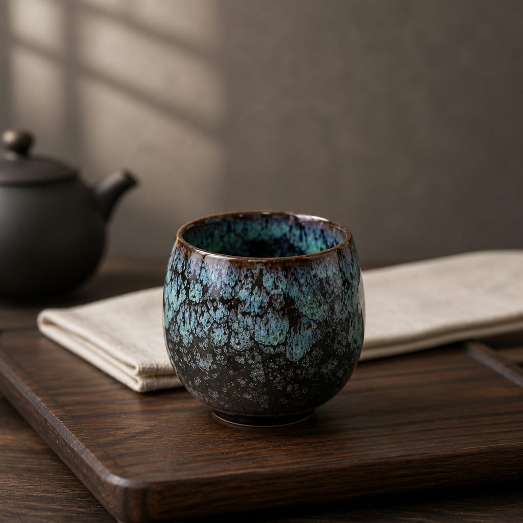 Ceramic cup with blue glaze on a wooden tray with a teapot in the background