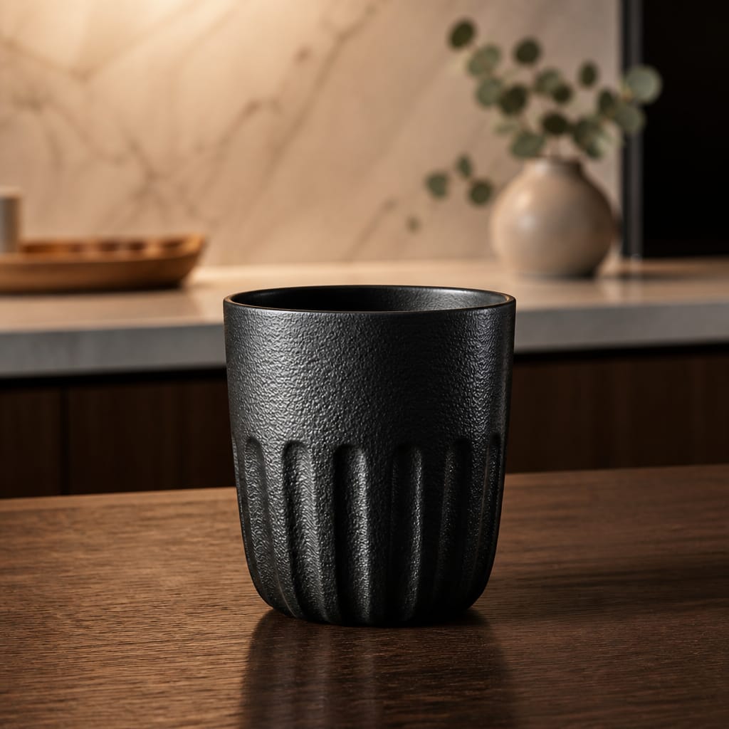 Black textured cup on a wooden surface with a blurred kitchen background