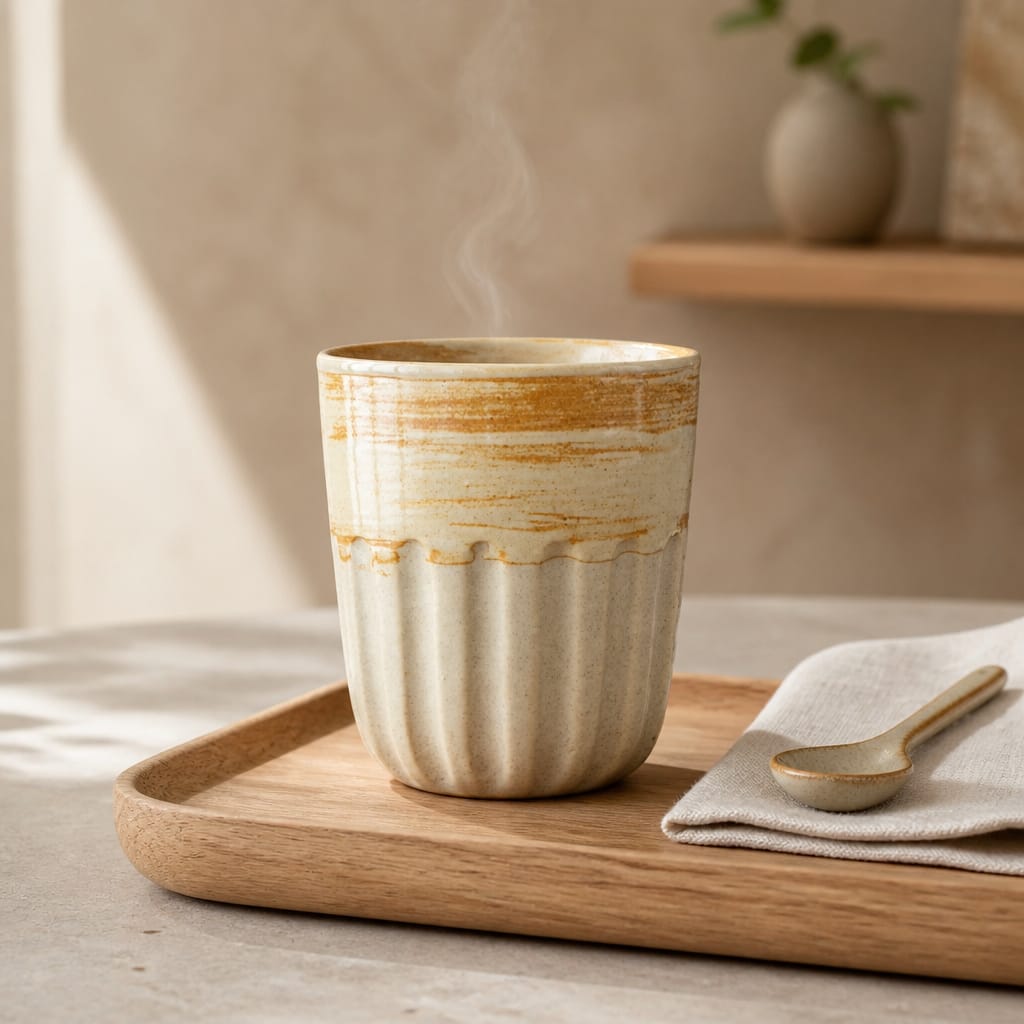 Ceramic cup with steam on a wooden tray in a warm setting