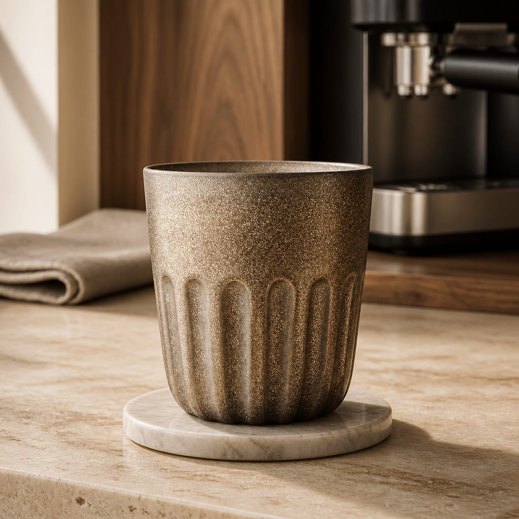 Brown textured ceramic cup on a marble coaster with a blurred coffee machine in the background.