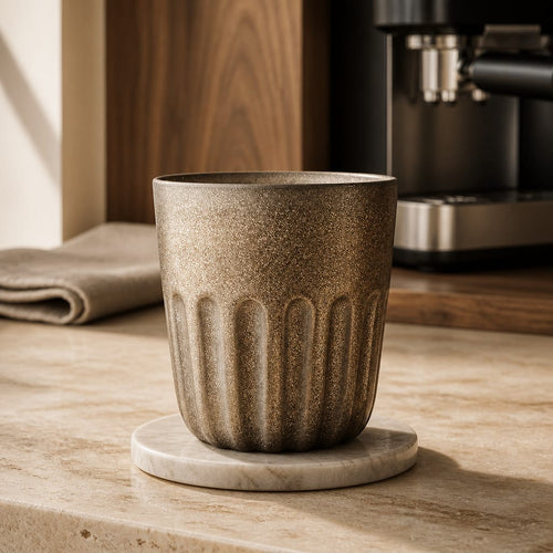 Brown textured ceramic cup on a marble coaster with a blurred coffee machine in the background.