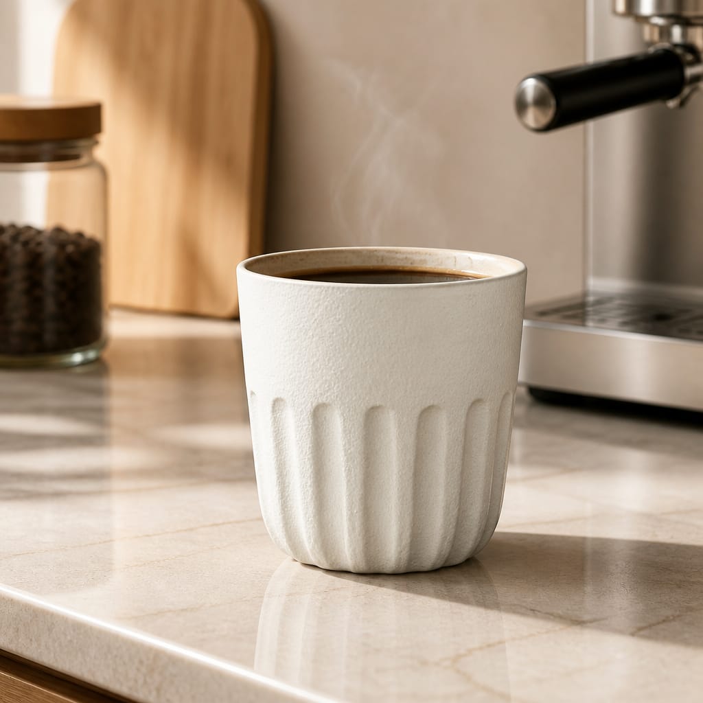 White ceramic cup with coffee on a kitchen counter next to an espresso machine.