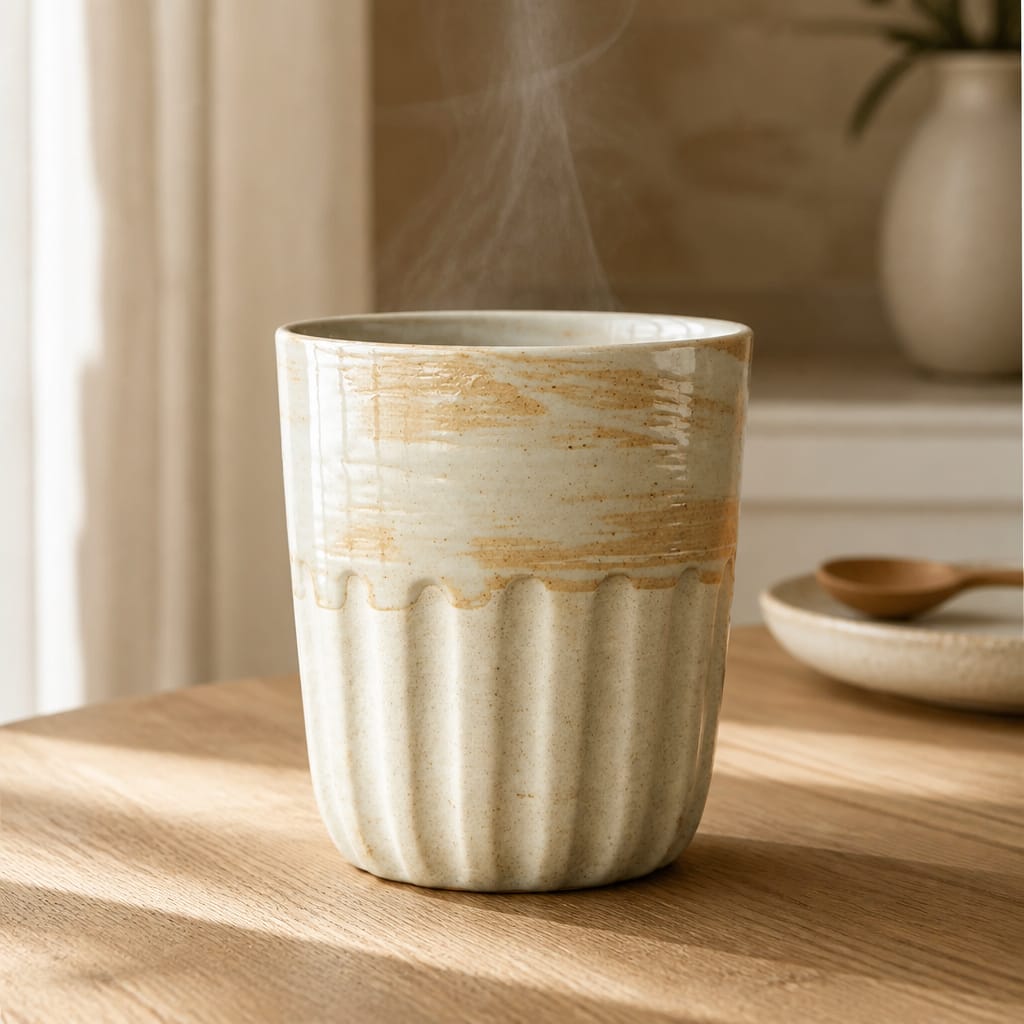 Steaming ceramic mug on a wooden surface with a blurred background
