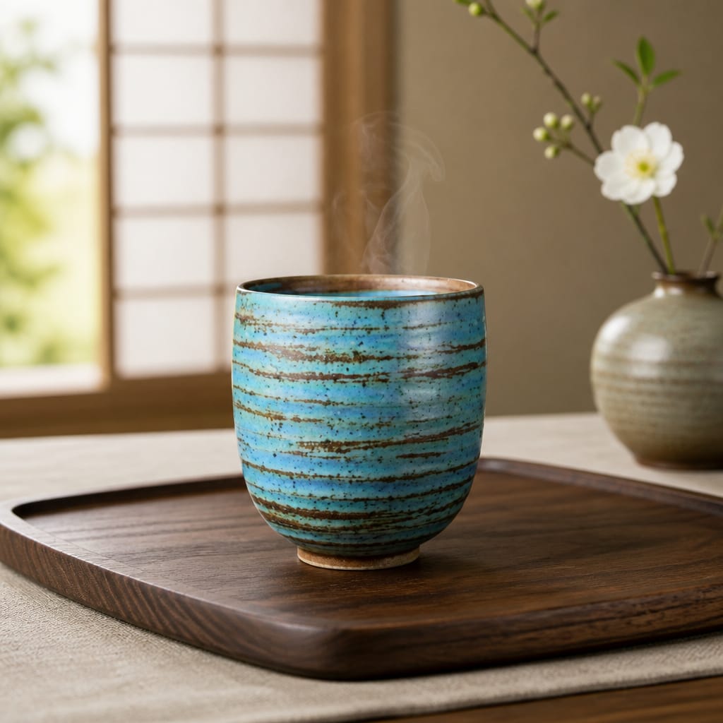 Blue ceramic cup on a wooden tray with a vase of flowers in the background