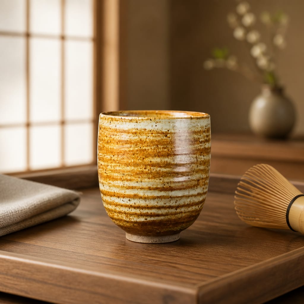 Ceramic cup with striped design on a wooden surface, with a blurred background
