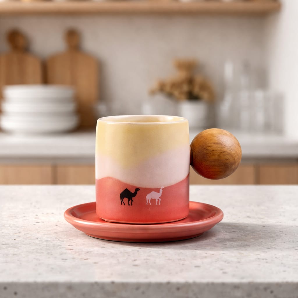 Camel Ceramic Espresso Cup with Wooden Handle (70ml)