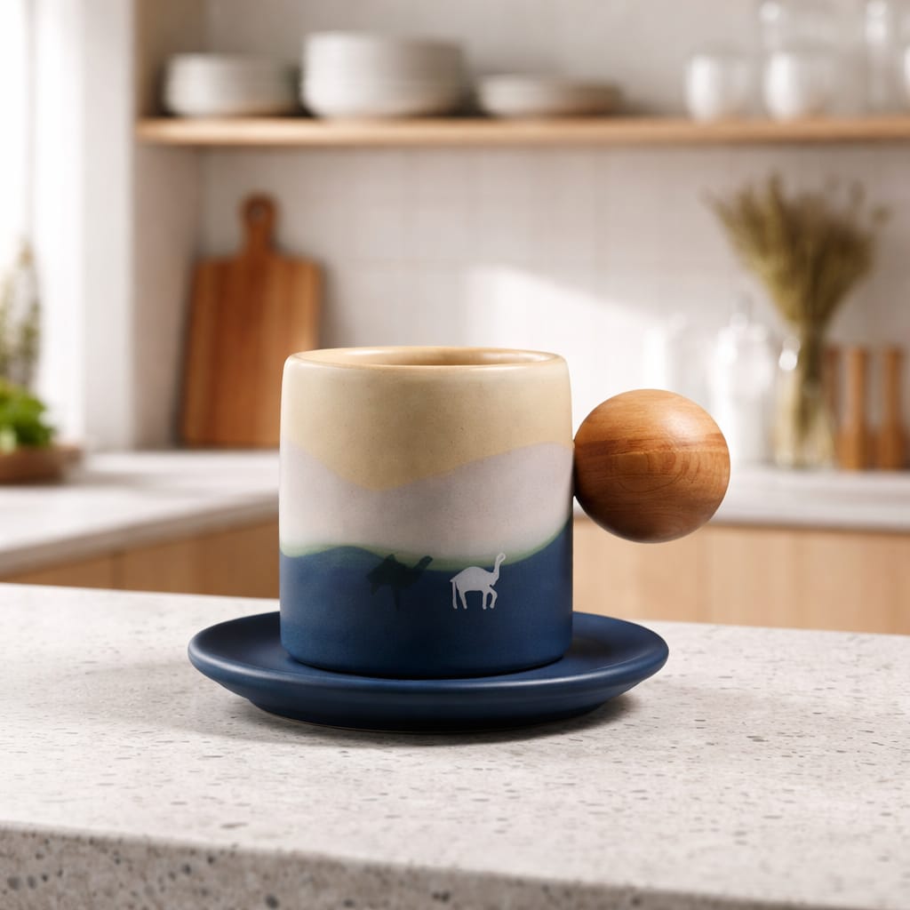 Camel Ceramic Espresso Cup with Wooden Handle (70ml)