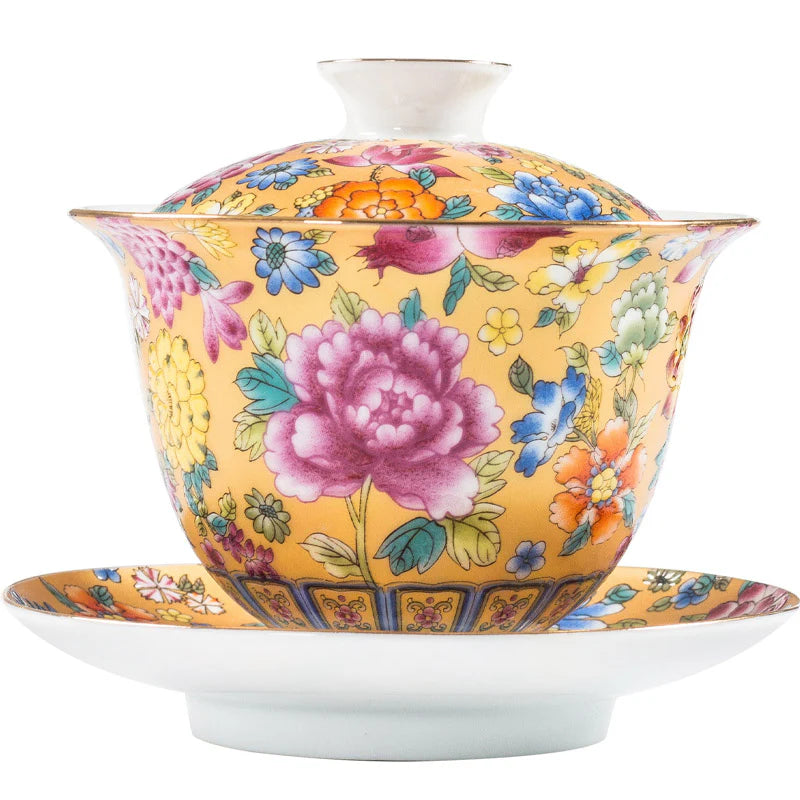 Golden Bloom Hand-Painted Porcelain Gaiwan