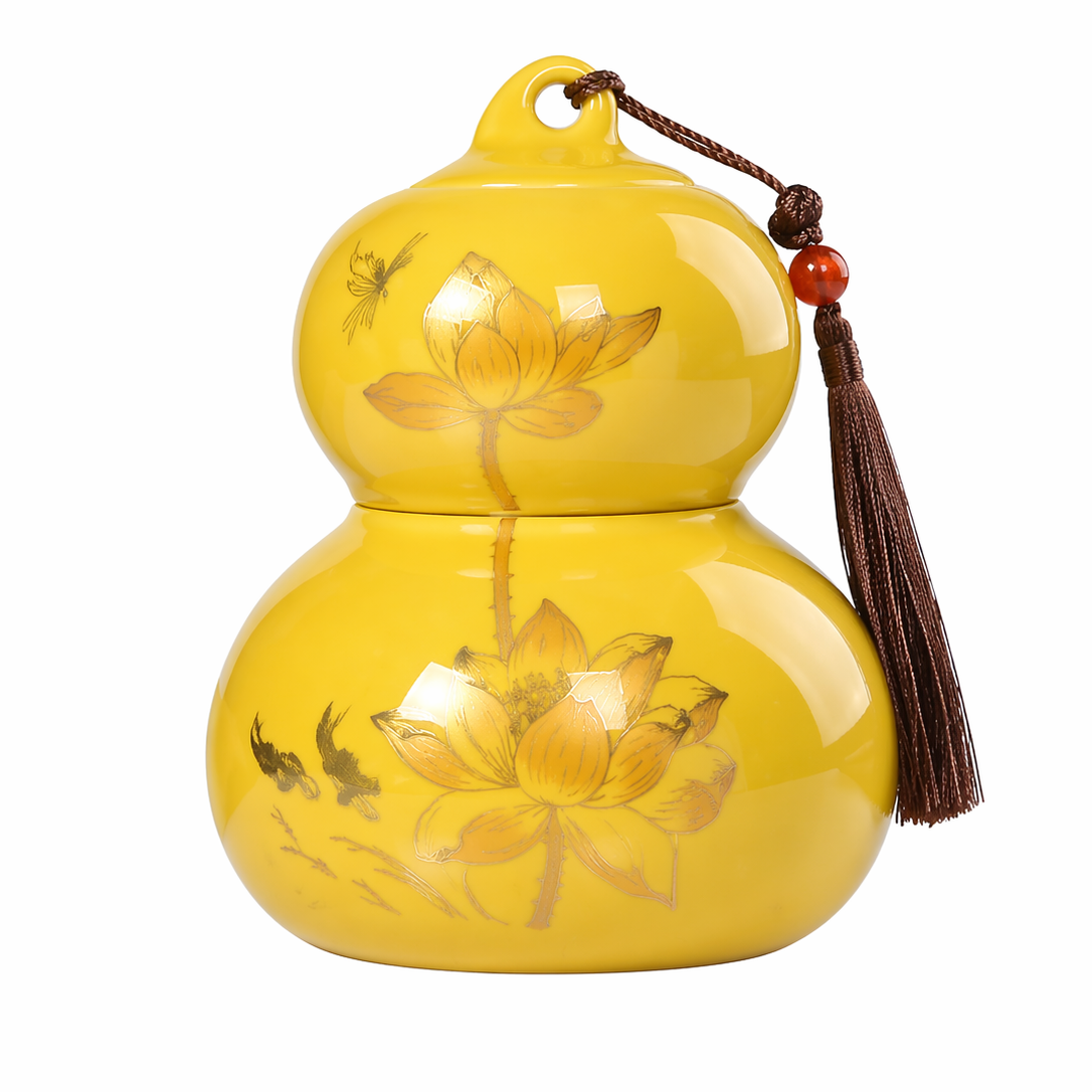 Golden Lotus Gourd Ceramic Storage Jar