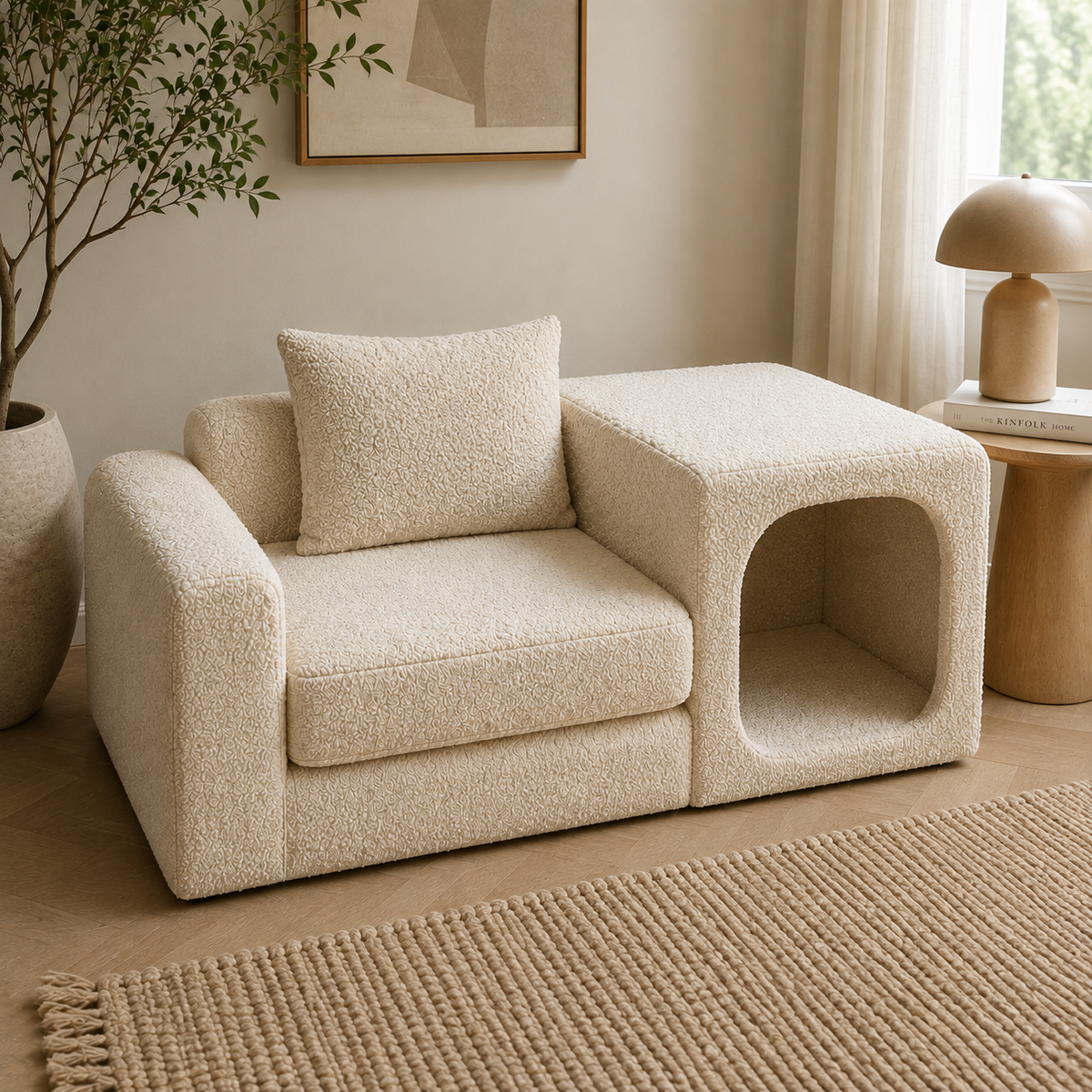 A cream bouclé armchair with a matching cushion, styled in a minimalist, warm-toned room next to a wooden side table and a potted plant.