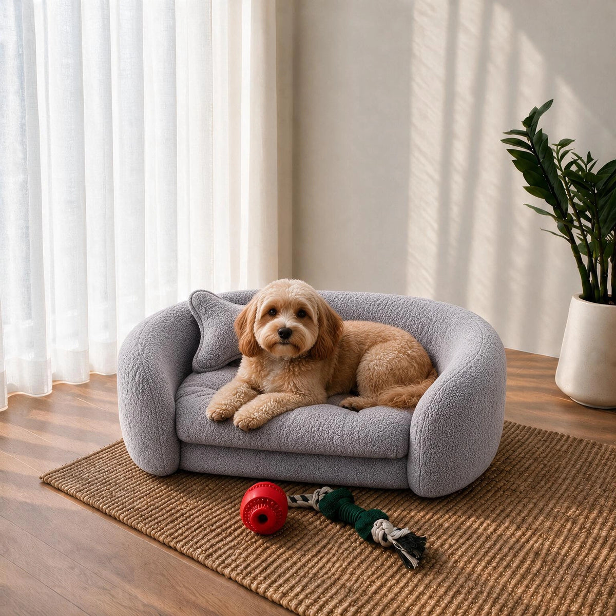 A small tan dog lies on a round, low-profile pet sofa in a bright room with sheer curtains, a potted plant, wood flooring, and a woven rug. The sofa is light gray with a plush boucle texture, and dog toys are placed nearby. 