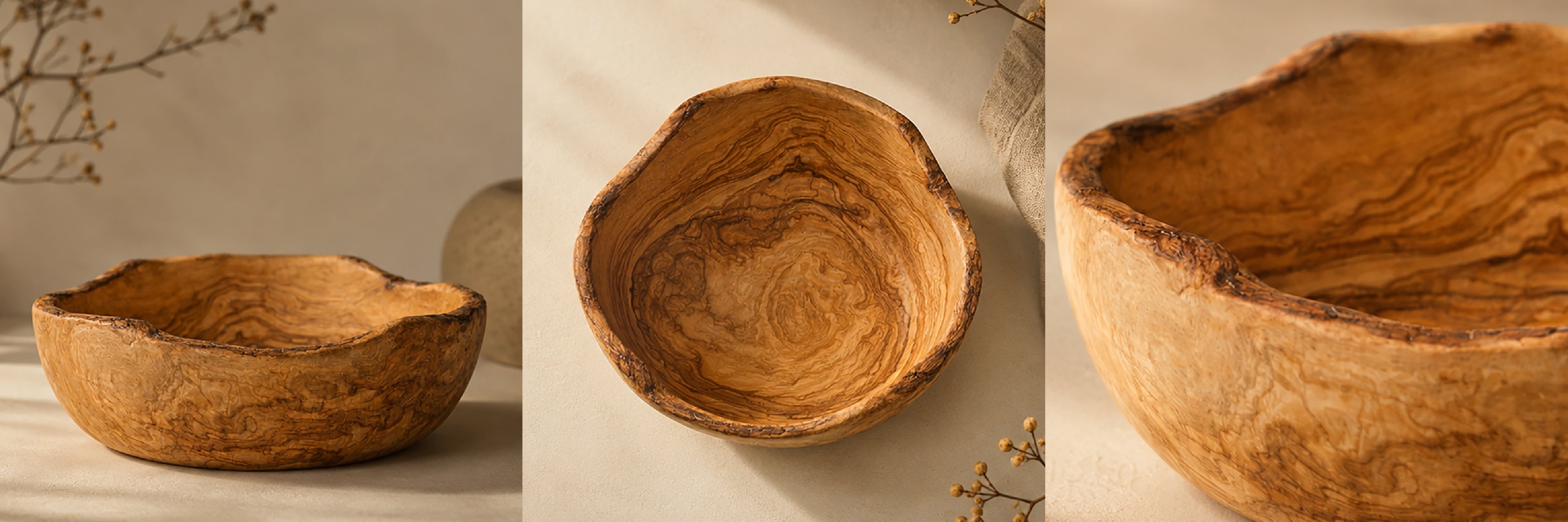 Three views of a wooden bowl with natural patterns on a neutral background