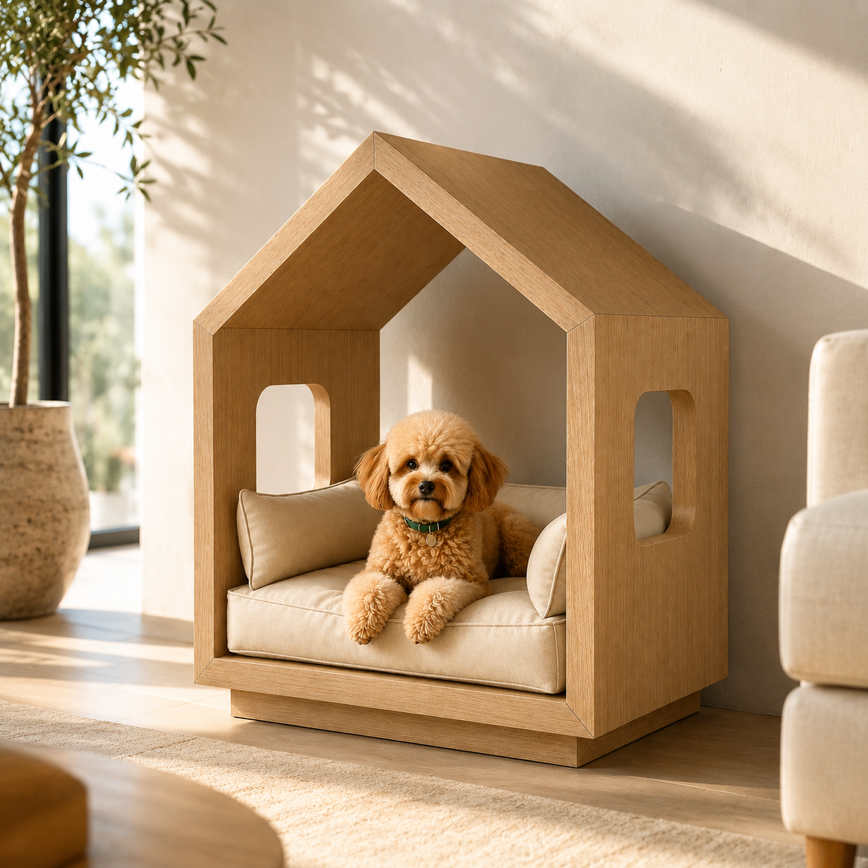 Modern Wooden House Pet Bed with Cushion - Oak & Sand Beige