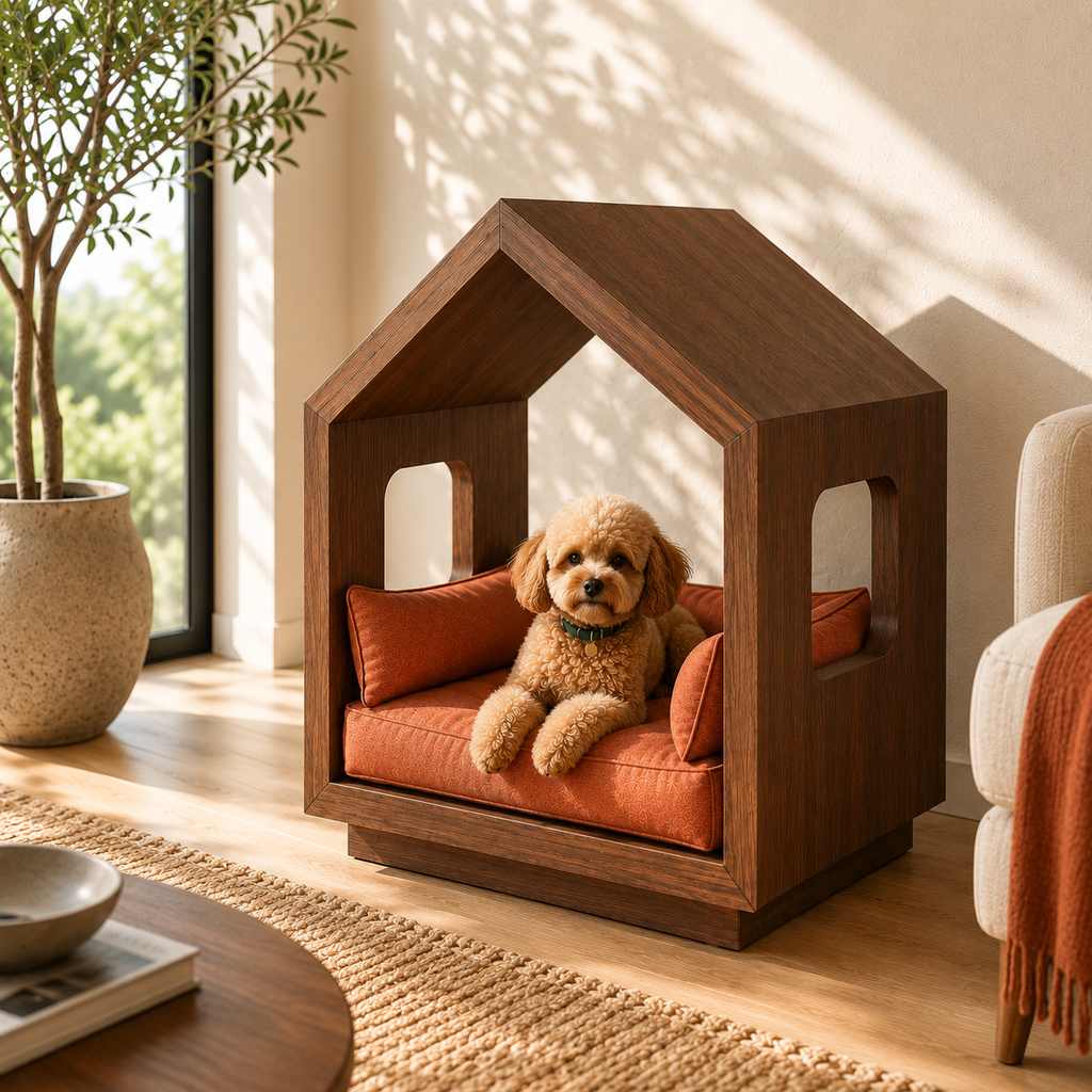A small fluffy dog sits inside a house-shaped wooden pet bed with orange cushions, placed on a wood floor in a sunlit living room.