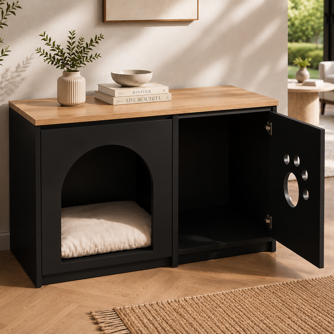 A modern black pet playhouse cabinet with a light wood top, featuring one arched entry with a cushion and one open door with a paw-print cutout, shown in a styled living room setting.
