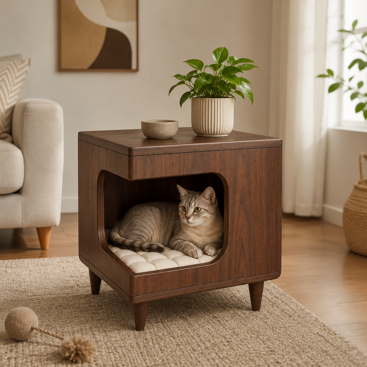 Modern Wooden Pet House Side Table with Cushion Small