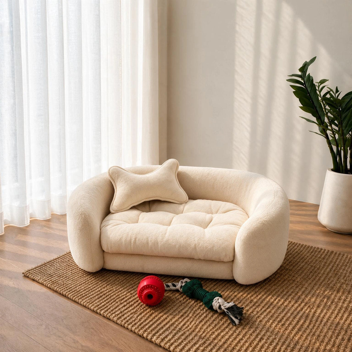 A cream-colored plush pet sofa with a matching bone-shaped pillow, styled on a woven rug in a bright room with a plant and window curtains. 
