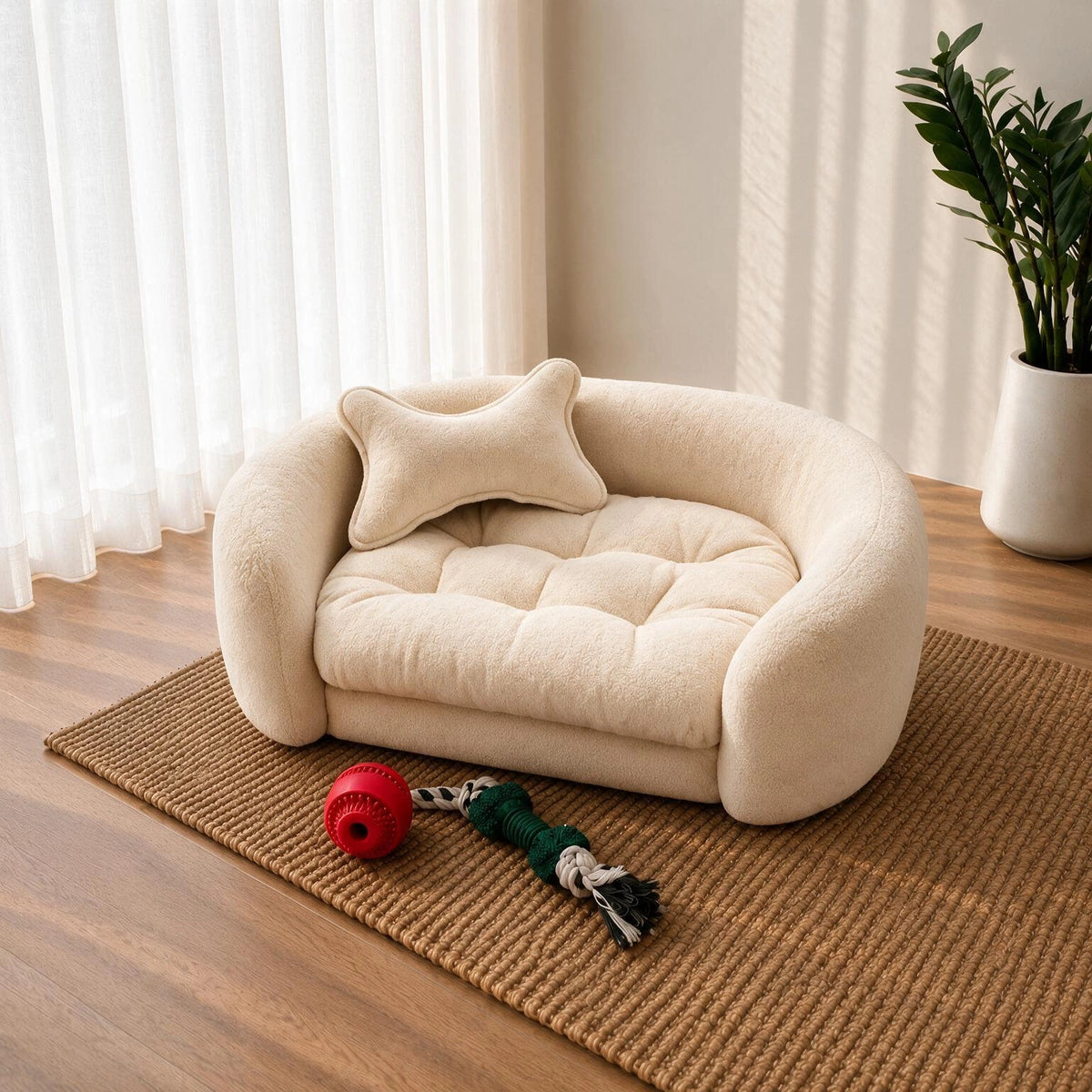 A cream-colored, plush pet sofa with a matching cushion and a small pillow, styled on a woven rug with a red ball toy and a rope toy on a wooden floor. 