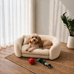 A small tan dog lies on a cream pet sofa in a bright room with sheer curtains, a potted plant, and a woven rug. The sofa is the product being shown, but because a real animal and real environment are present, this is classified as Lifestyle. 
