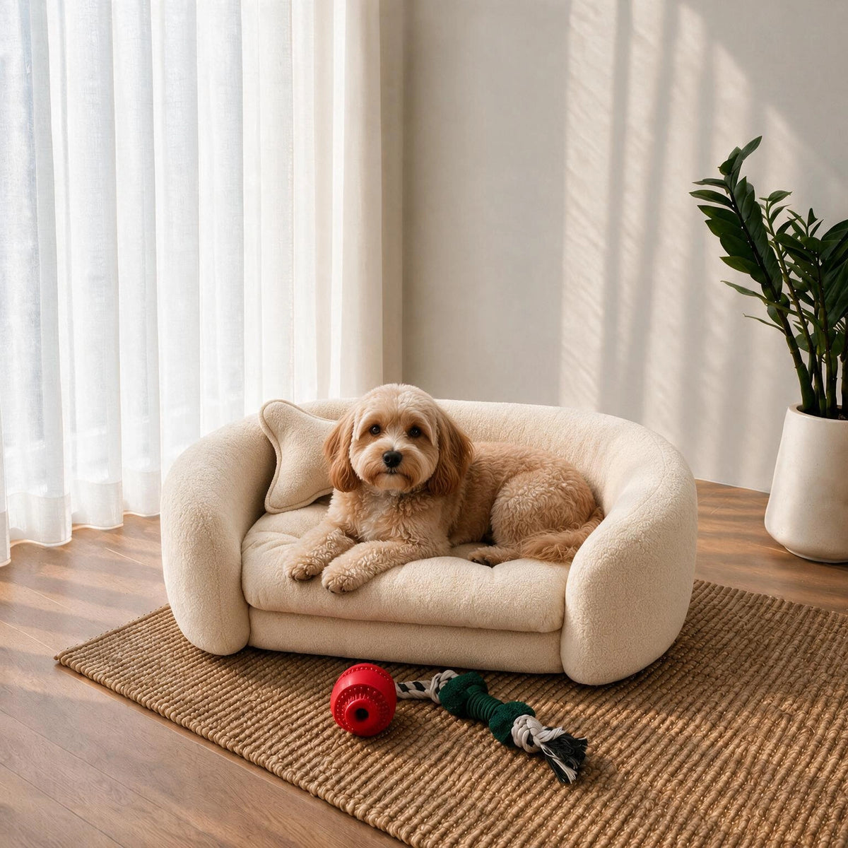 A small tan dog lies on a cream pet sofa in a bright room with sheer curtains, a potted plant, and a woven rug. The sofa is the product being shown, but because a real animal and real environment are present, this is classified as Lifestyle. 