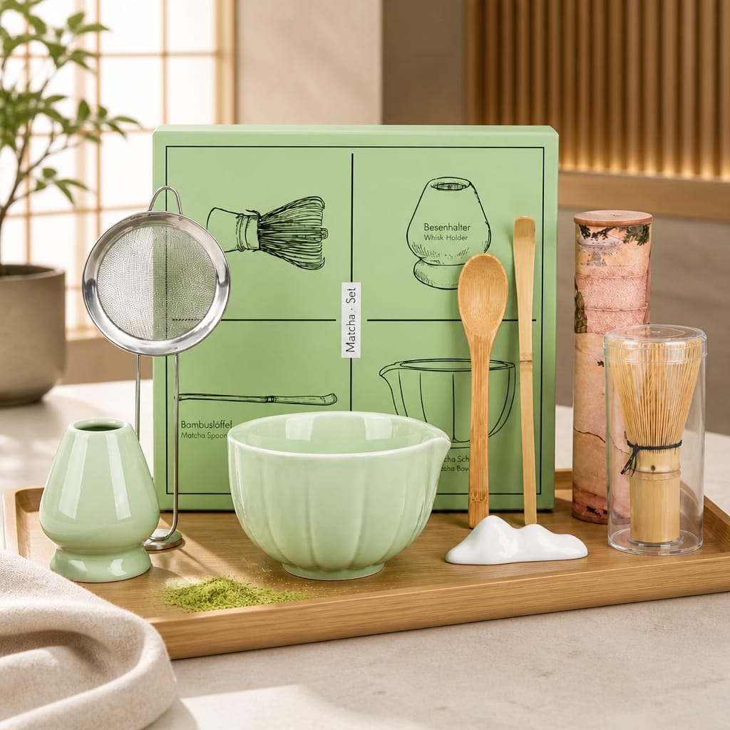 Tea-making set with green bowl, whisk, and other tools on a wooden tray.