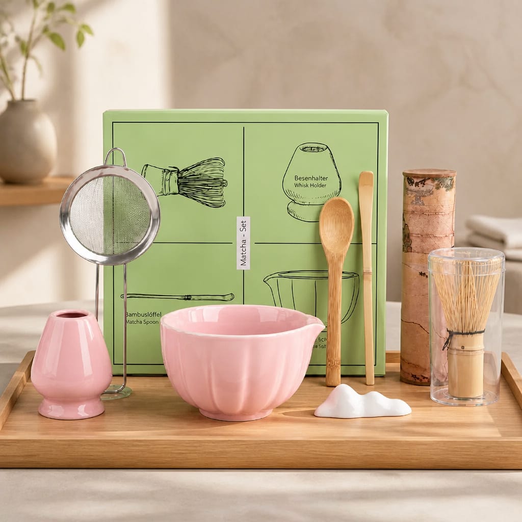 Tea-making set with pink bowl, wooden spoon, and other utensils on a wooden tray.