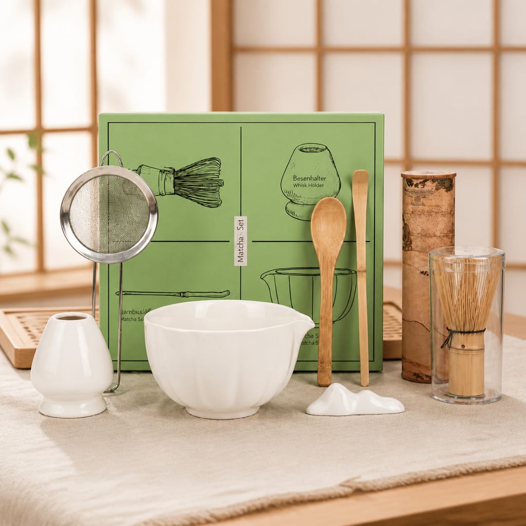 Tea-making set with a green box, white bowl, wooden spoon, and other utensils on a wooden surface.