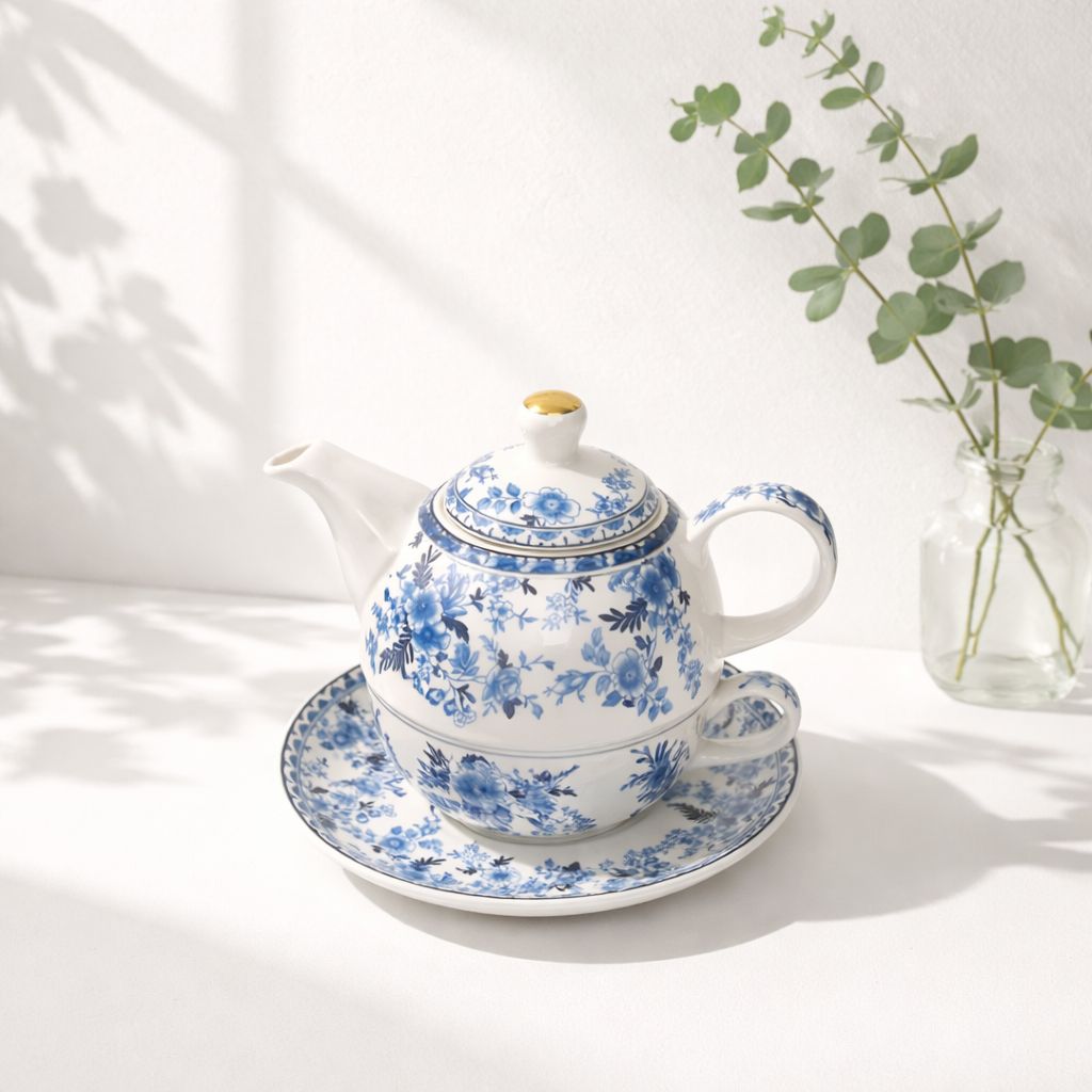 Tea set with floral design on a white surface with a plant in the background