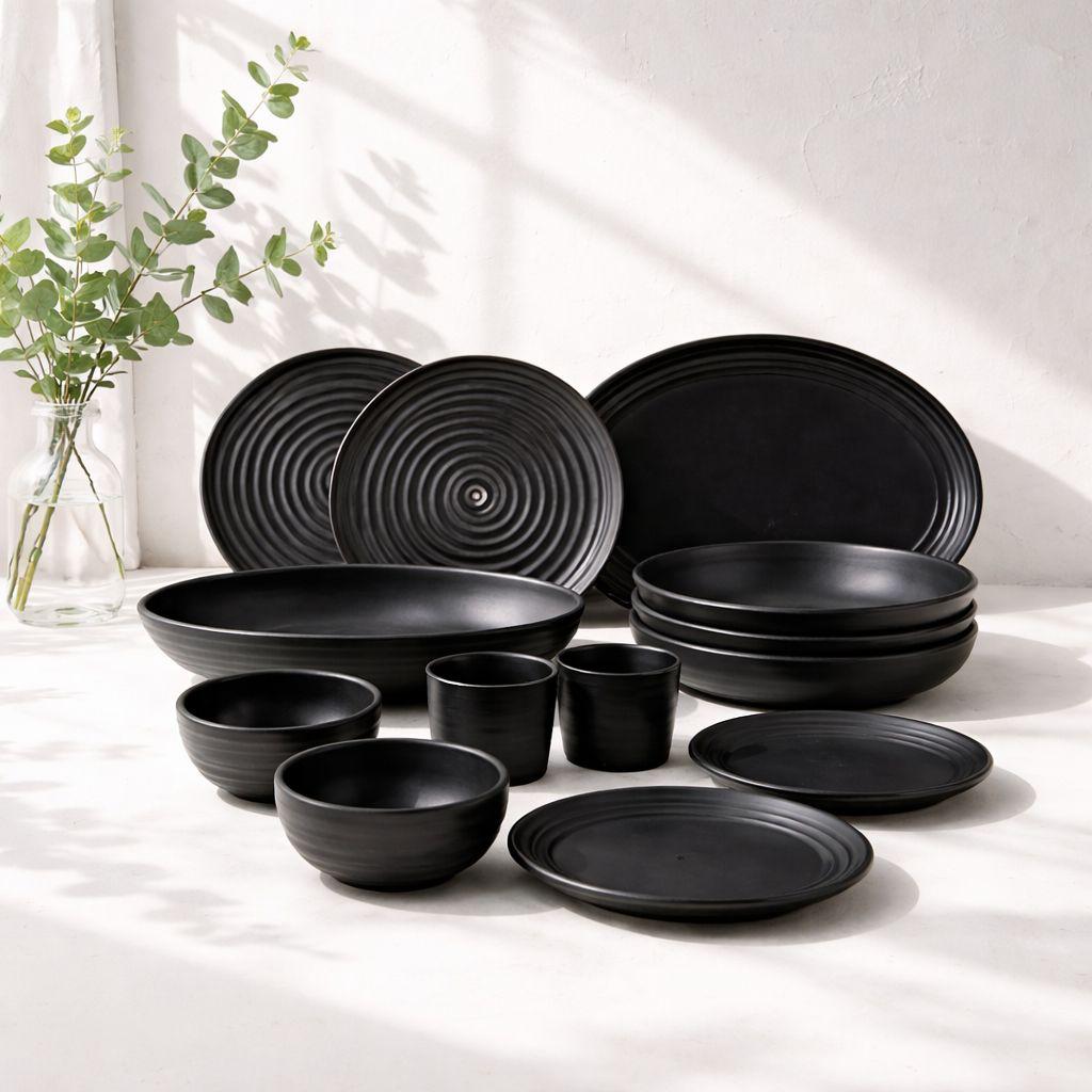 Obsidian Noir Stoneware Dining Set for two (14 Pcs)