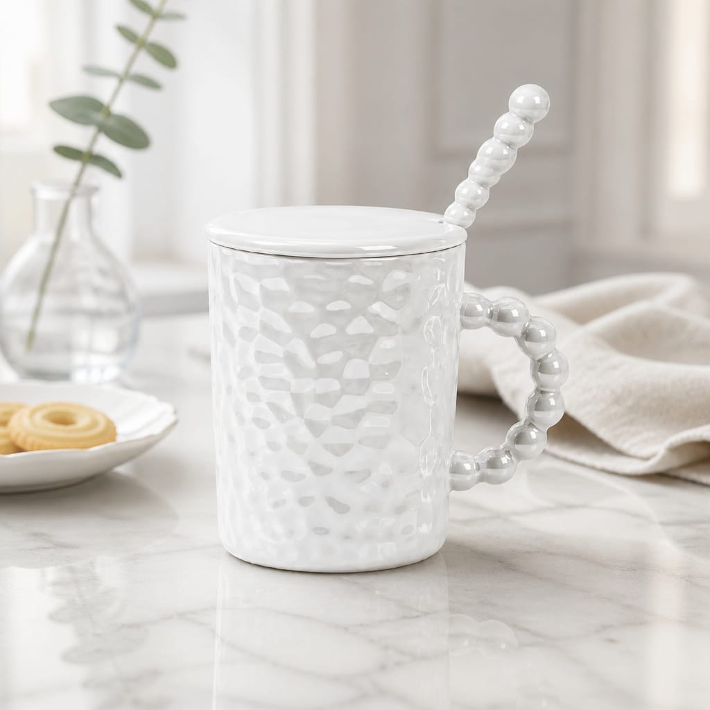 Beaded Handle Textured Mug with Lid & Spoon