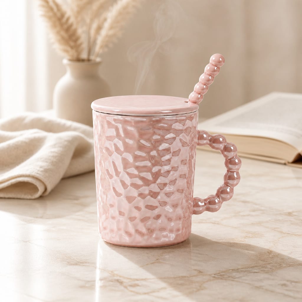 Beaded Handle Textured Mug with Lid & Spoon