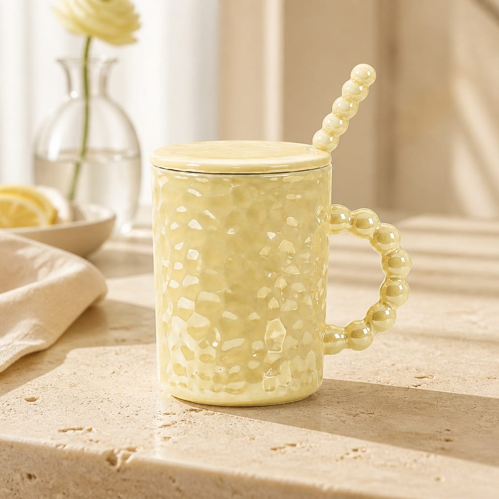 Beaded Handle Textured Mug with Lid & Spoon