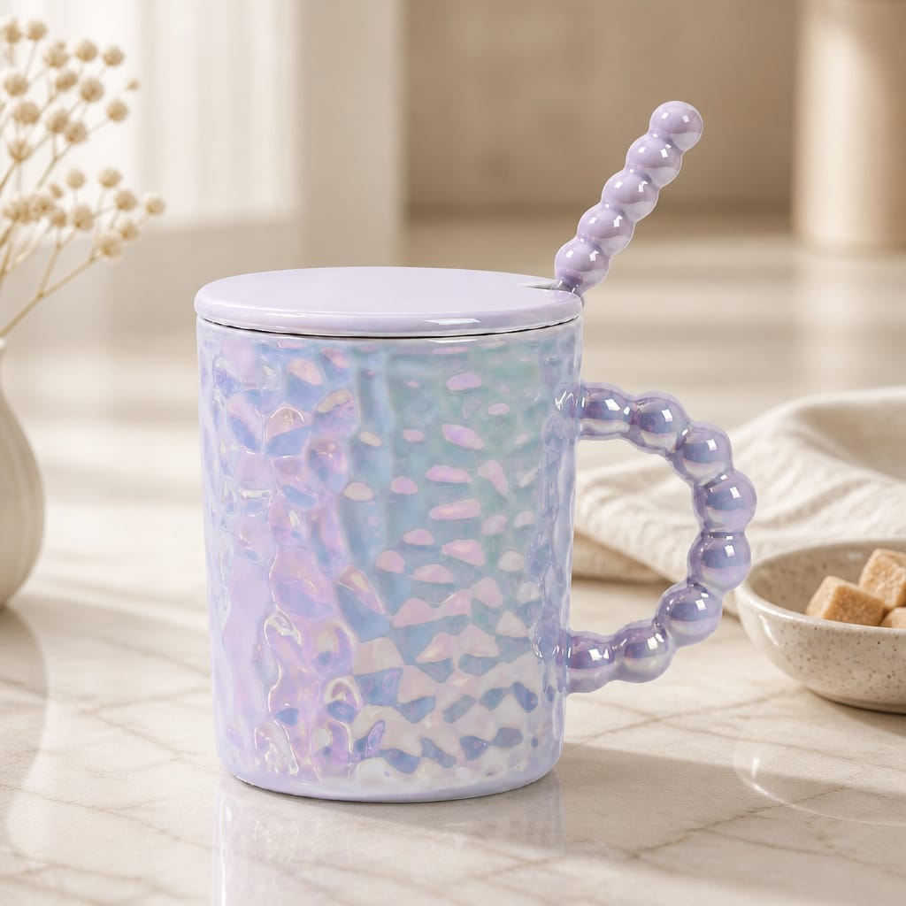 Beaded Handle Textured Mug with Lid & Spoon