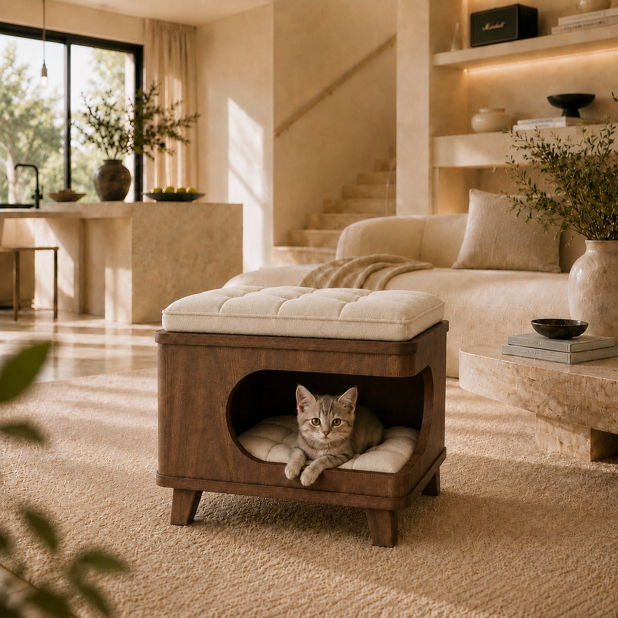 Modern Wooden Pet House Ottoman with Cushion