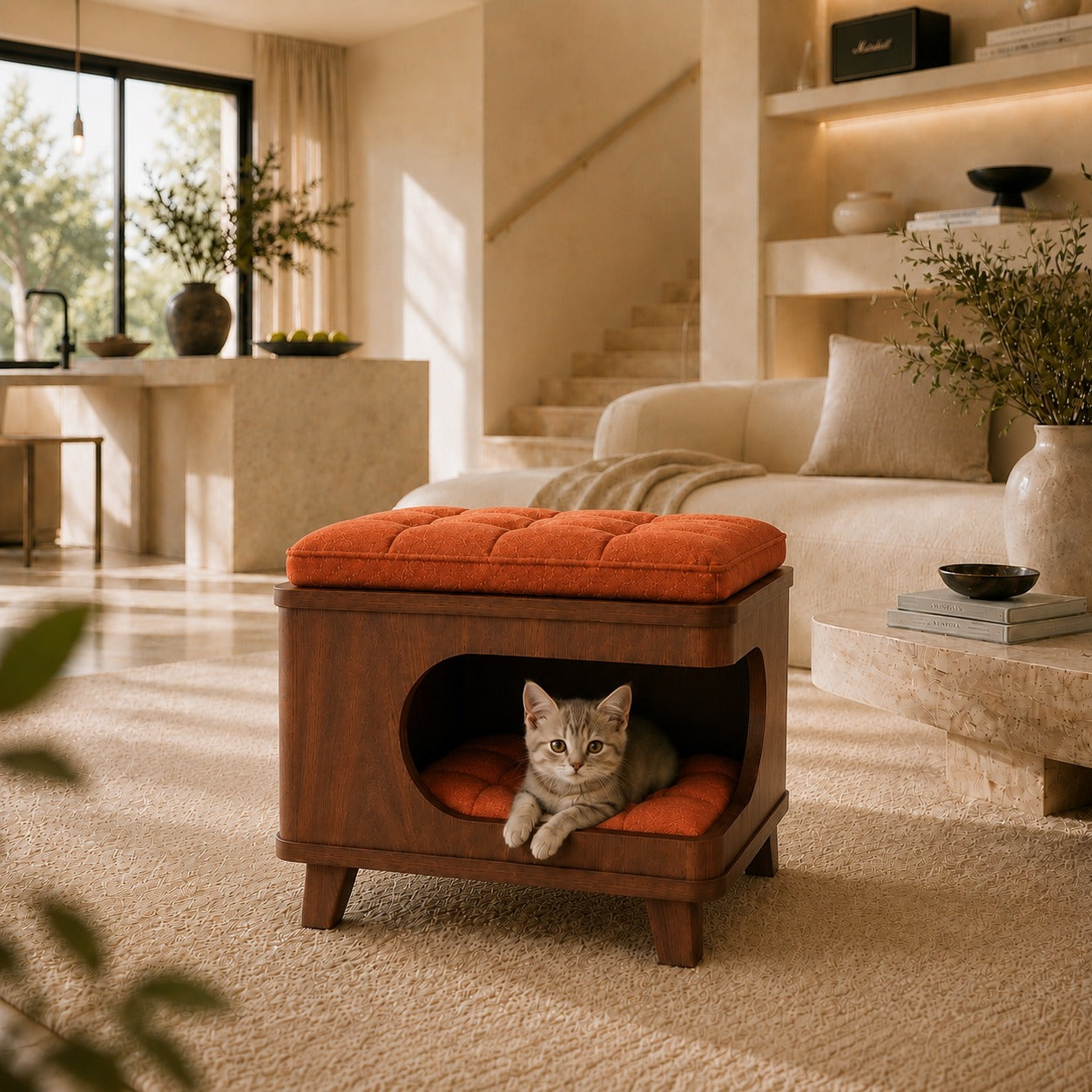 Modern Wooden Pet House Ottoman with Cushion