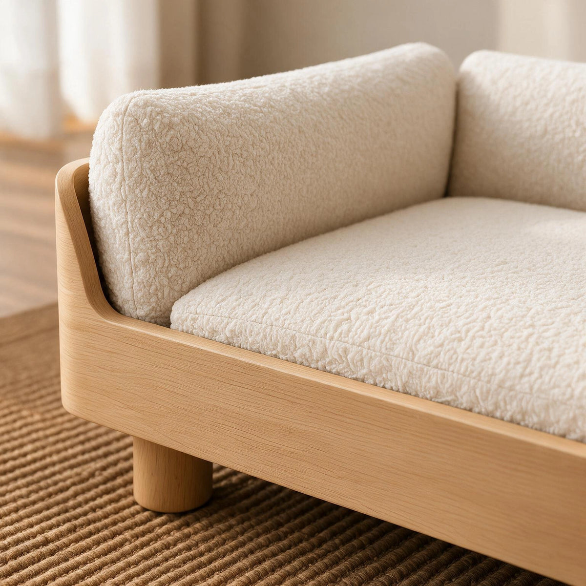 Close-up of a modern low-profile sofa with textured cream bouclé cushions and a light natural wood frame, resting on a woven brown rug.