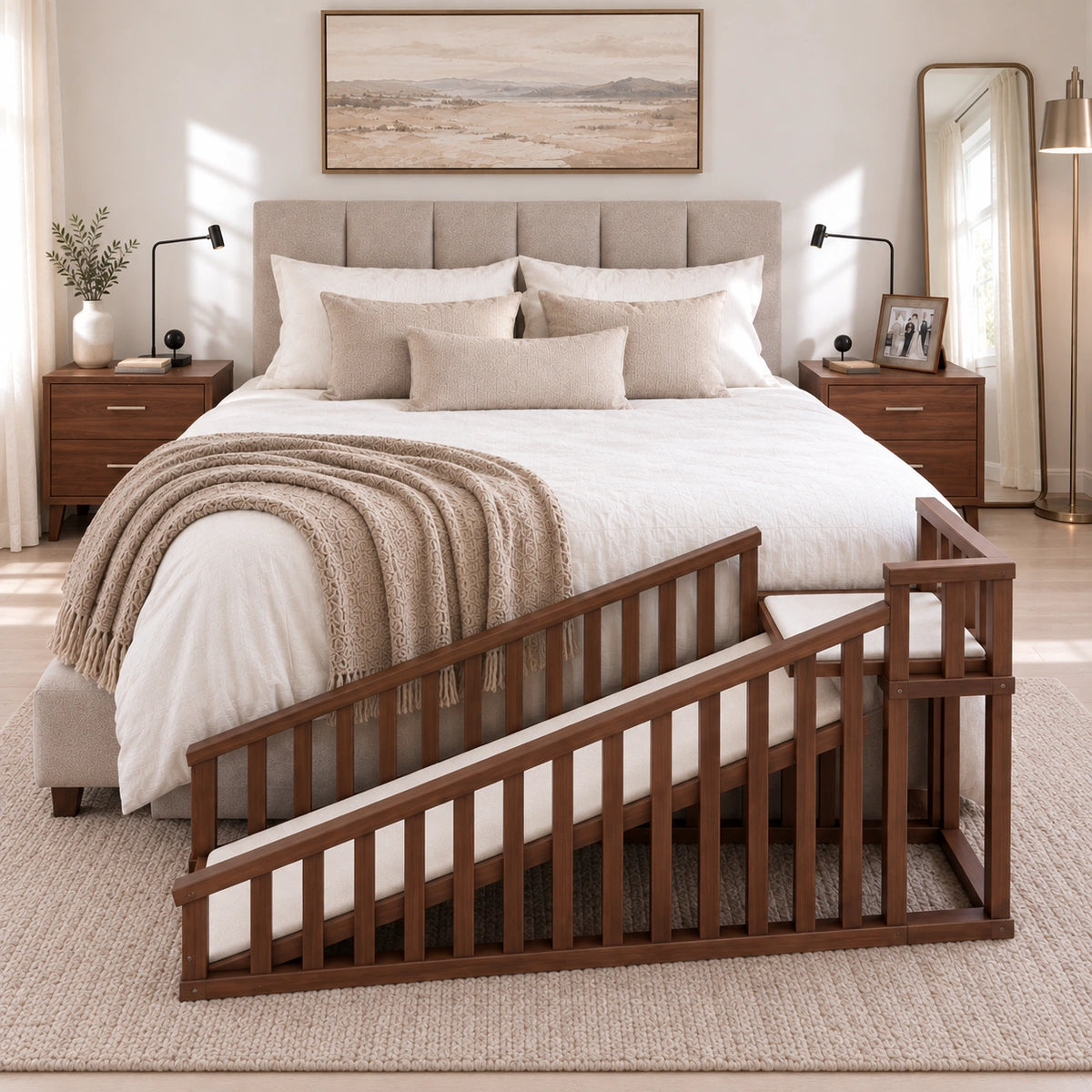 Wooden Bedside Pet Ramp with Safety Rails