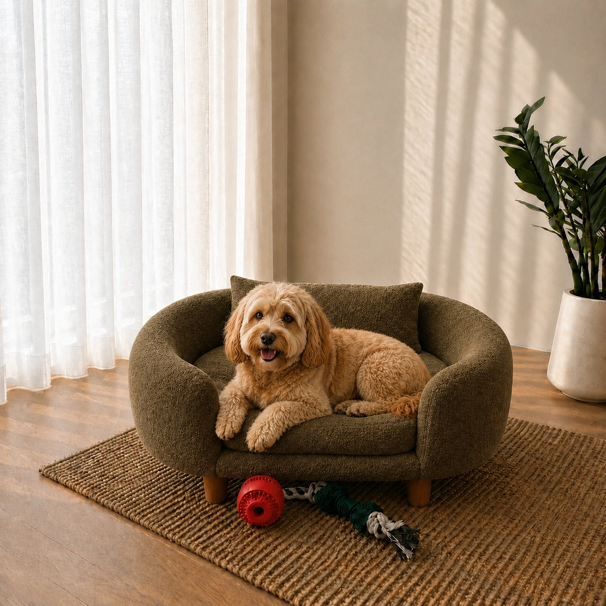 A small fluffy dog lies on a round upholstered pet chair in a bright room with sheer curtains, a potted plant, and a woven rug. The chair is a muted olive-brown color with wooden legs, and a red ball and rope toy sit on the floor nearby.