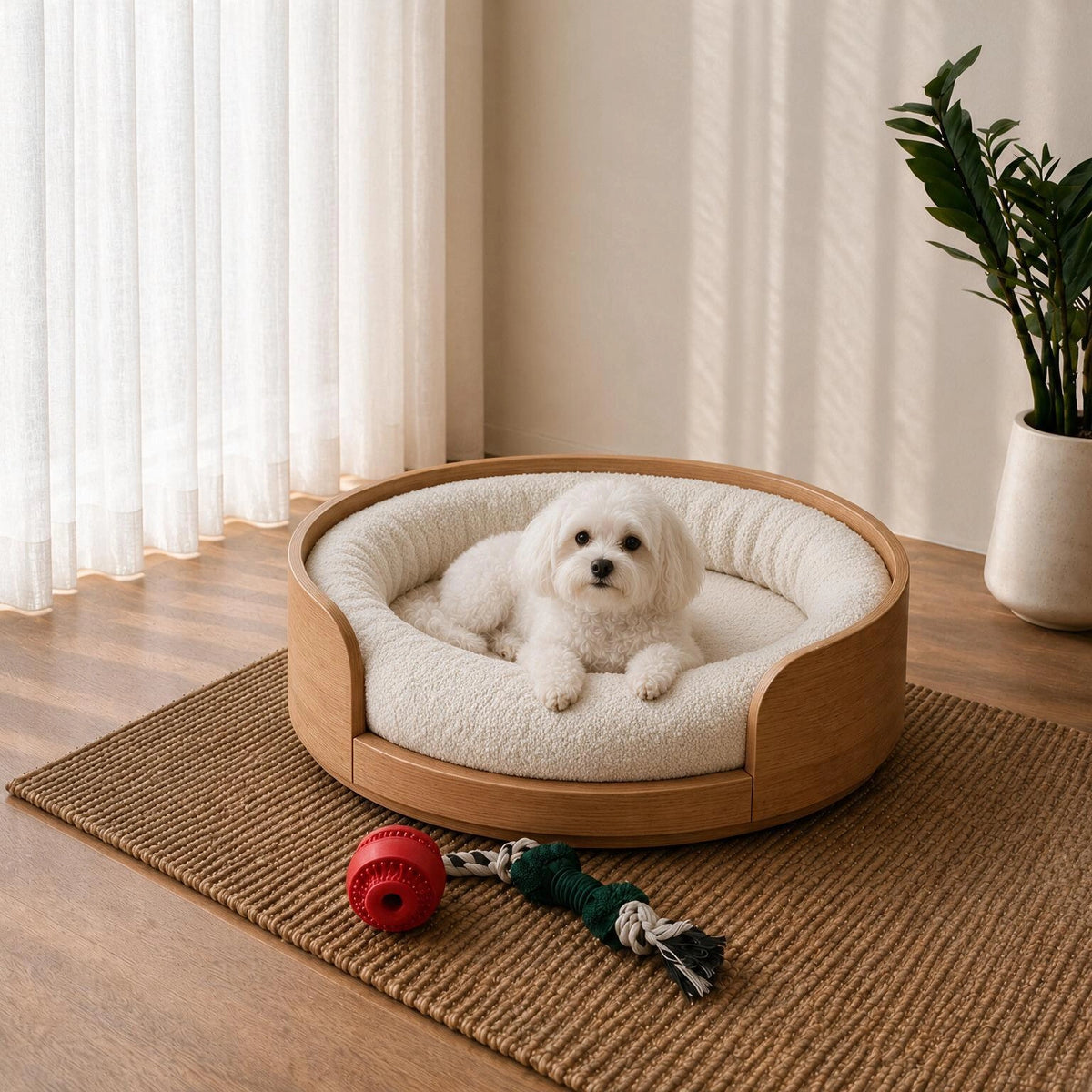A small white dog sits in a round wooden pet bed with a cream plush interior, placed on a woven rug in a bright room with curtains, a plant, and a red toy nearby.