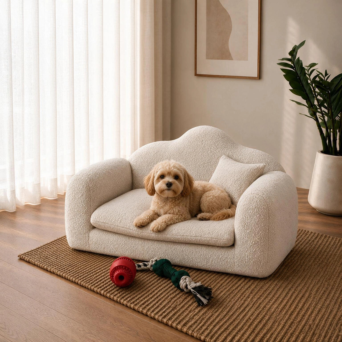 A small tan dog lies on a cream boucle pet sofa in a softly lit room with wood flooring, a woven rug, a plant, and a red ball toy nearby.
